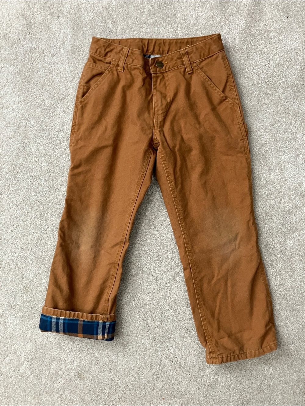 Carhartt Boys Brown Casual Cotton Pants with Plaid Cuff